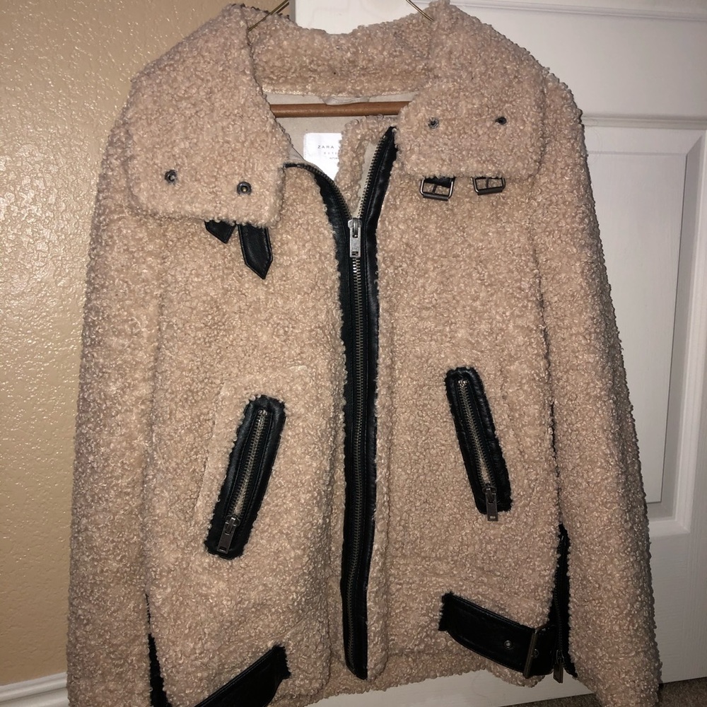 Zara Teddy Bear Faux Shearling Moto Aviator Jacket